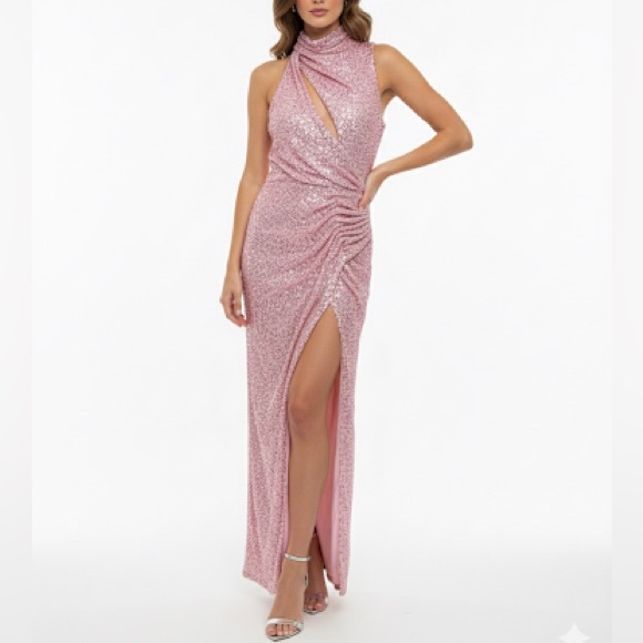New Mac Duggal Pink Sequin Maxi Pencil Dress with Slit and Keyhole Sample Sz 2 - Picture 1 of 13